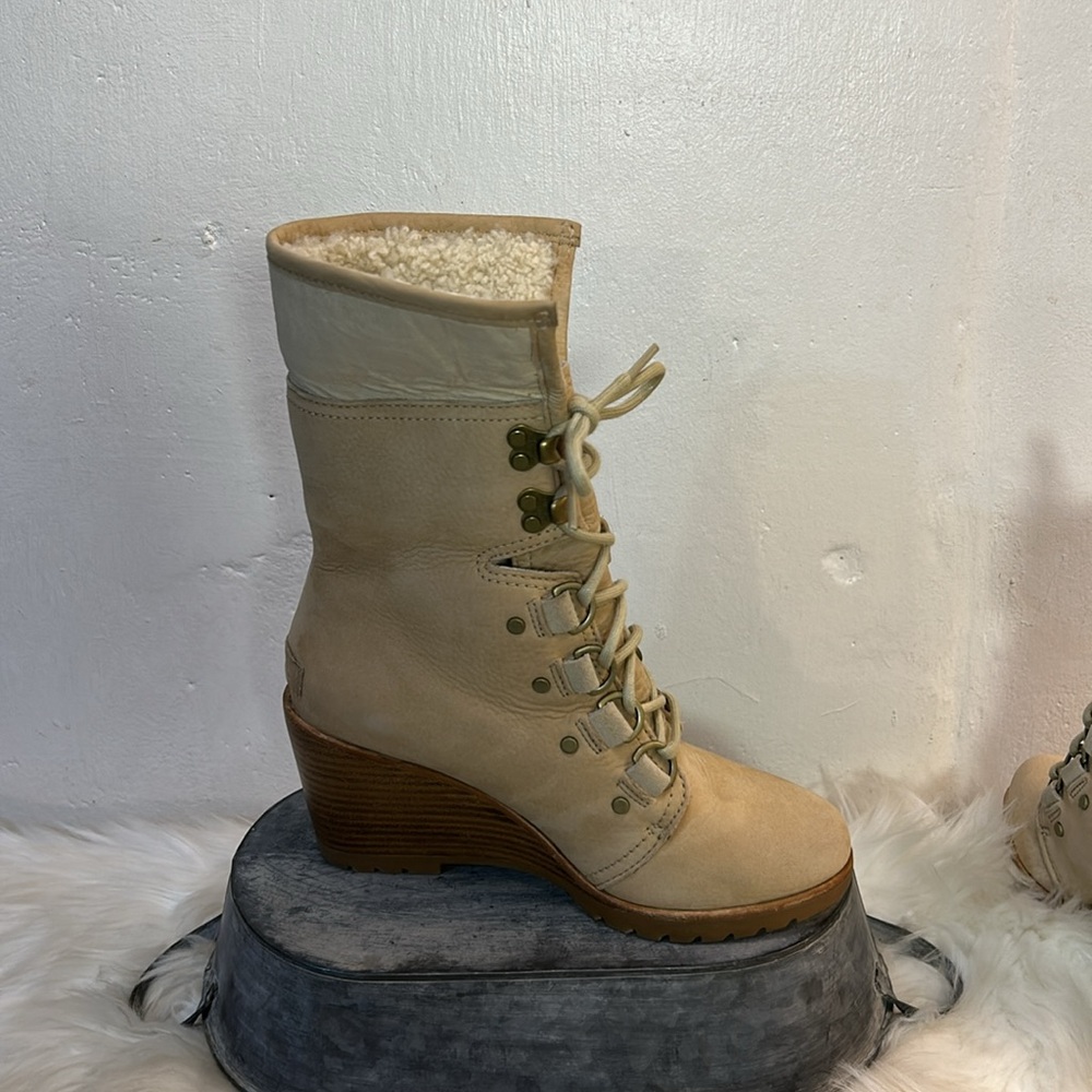 #0169- Sorel After Hours Lace Up Shearling Wedge Boots-Lined Cuff-7.5 - Picture 8 of 11
